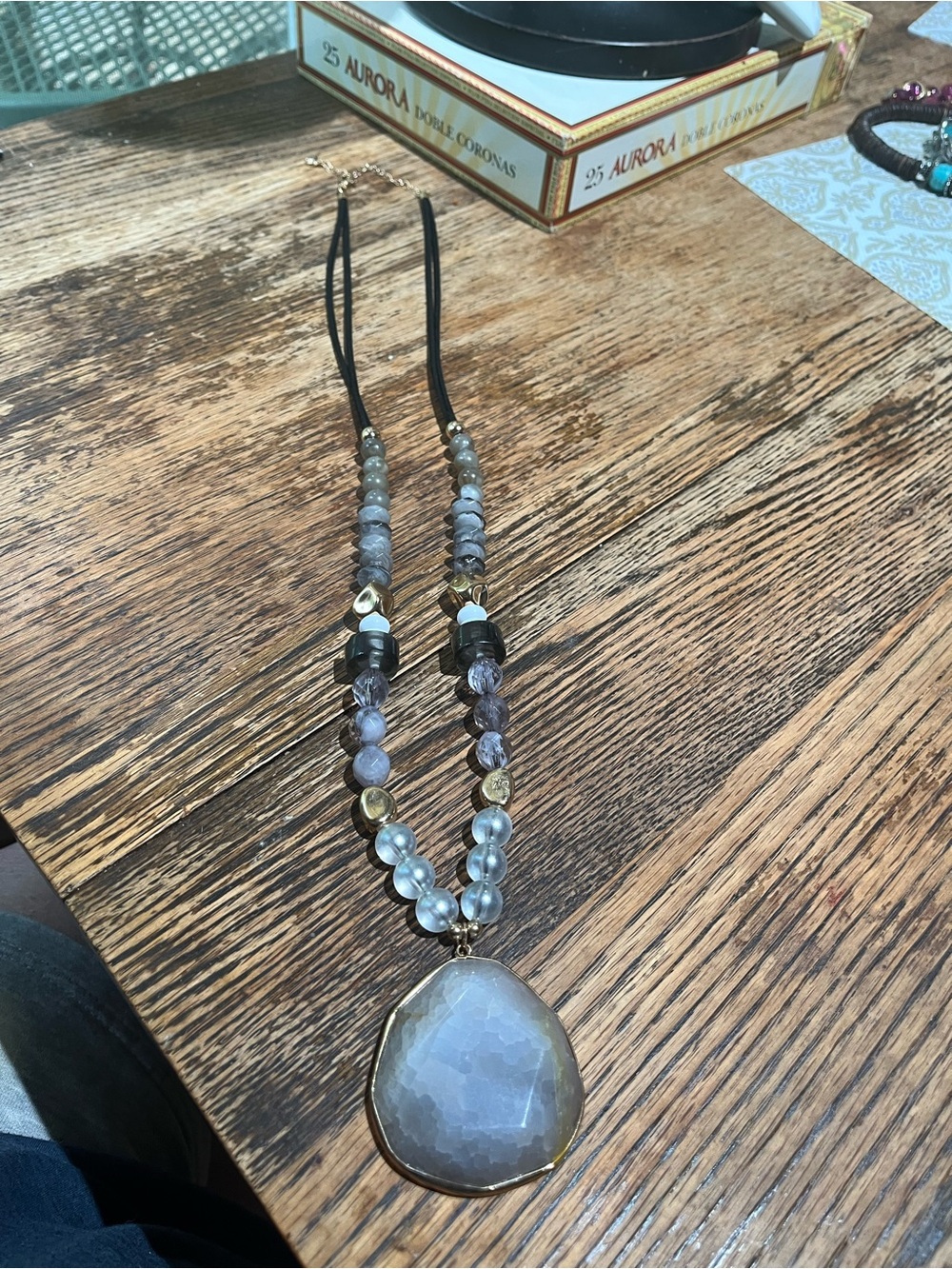 Beaded Pendant Necklace with Gray Stone